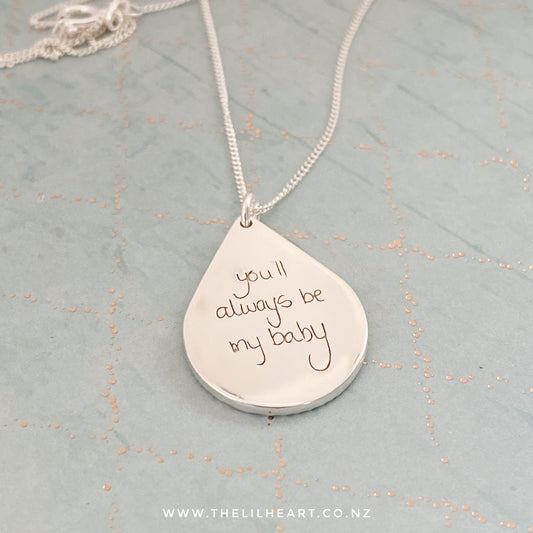 handwriting pendant with your handwriting, nz made in sterling silver